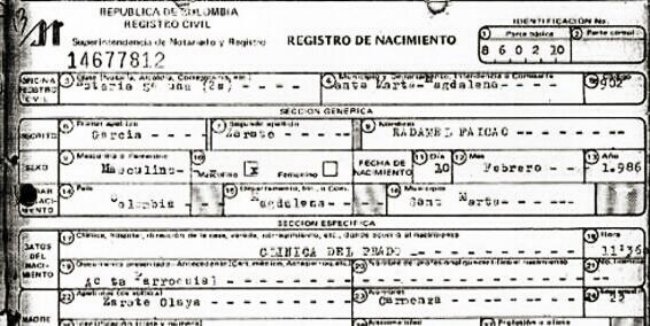 Certificado de nacimiento de Radamel Falcao